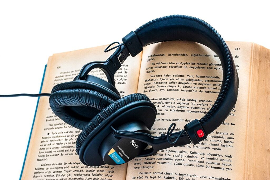 headphones, headset, open book