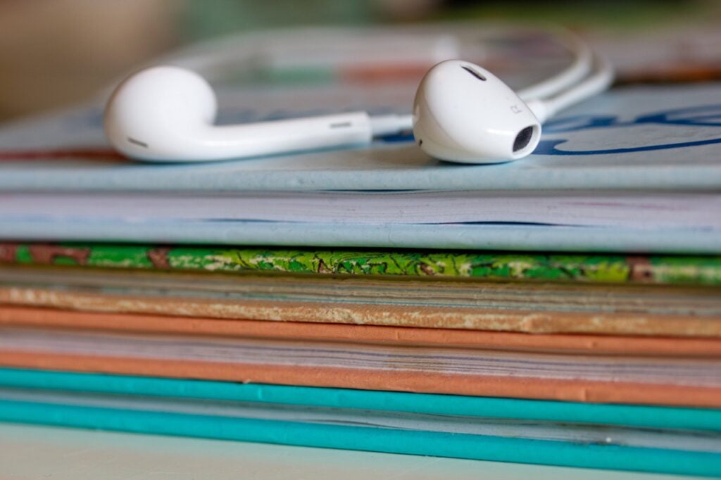 children's books, earbuds, audiobooks